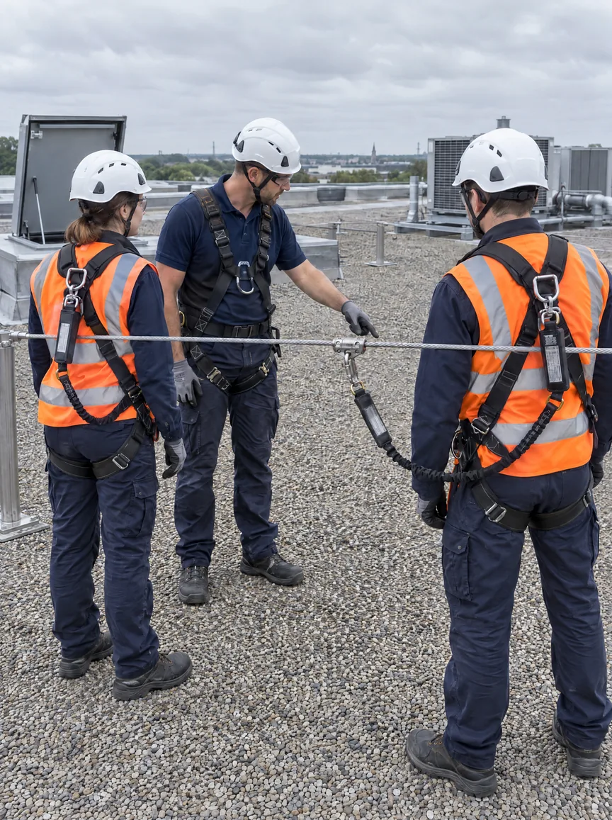 Formation travail en hauteur sur une toiture-terrasse : deux stagiaires en harnais antichute et casque, l'un relié à la ligne de vie par une longe à absorbeur d'énergie, écoutent le formateur