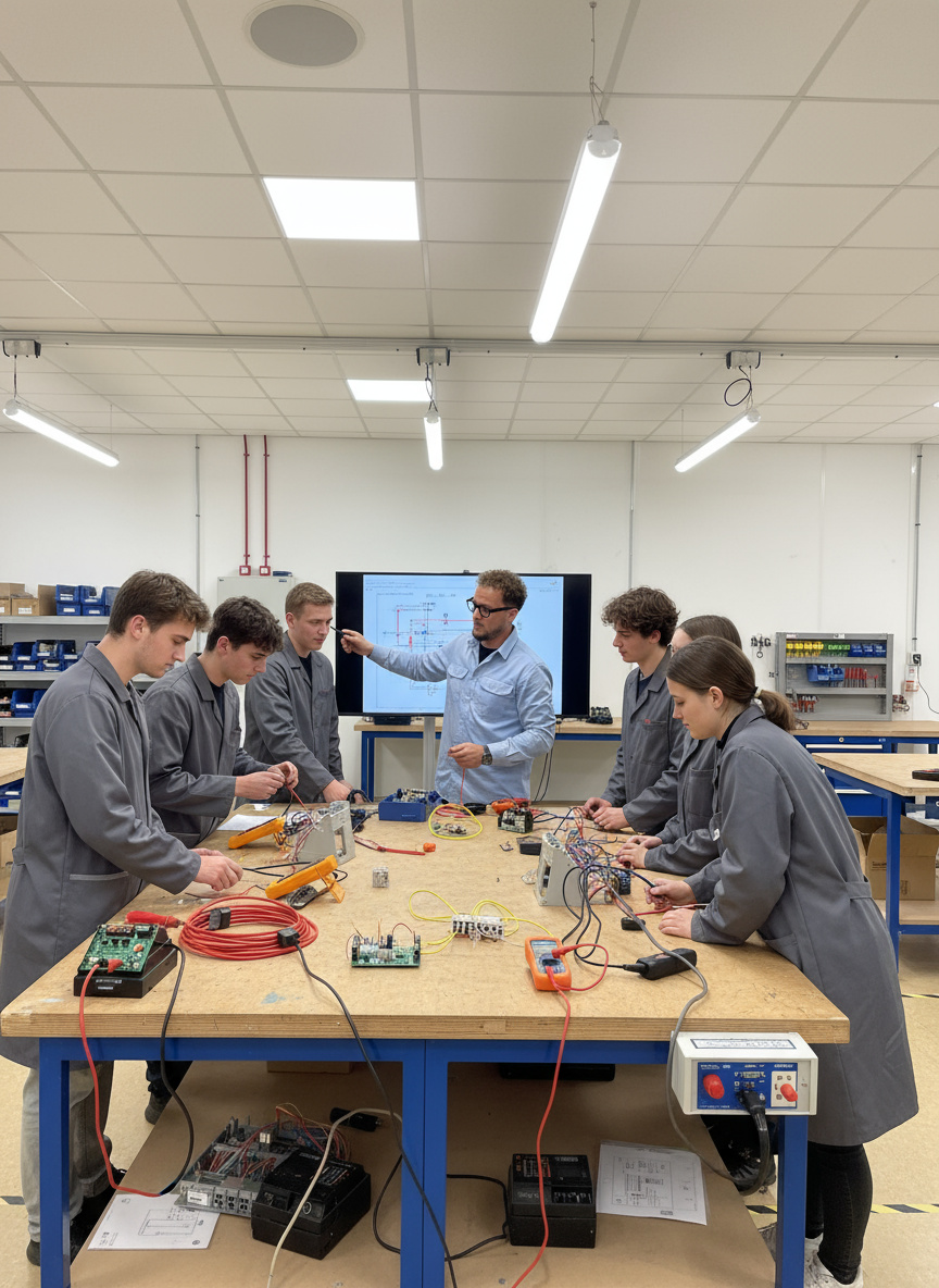 Formation habilitation véhicules électriques NF C 18-550 : travaux pratiques sur platines et circuits haute tension en atelier
