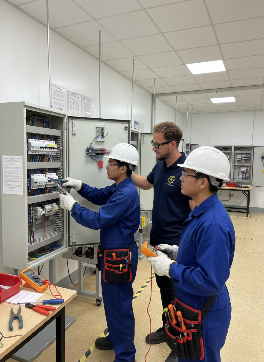 Formation pratique habilitation électrique — travaux sur armoire électrique avec EPI, secteur Lens